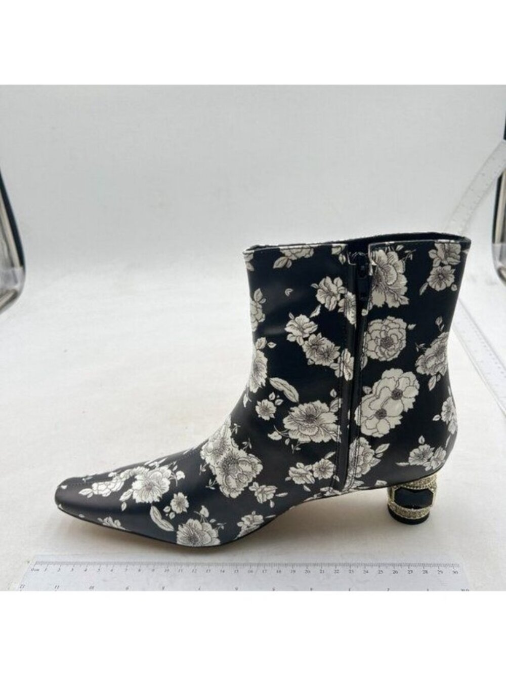 XYD Women Mid Low Chunky Crystal Gem Heel Ankle Boots Square Toe Boots Flowers - Picture 2 of 8